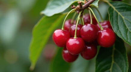 Three cherries hanging from a tree branch with leaves