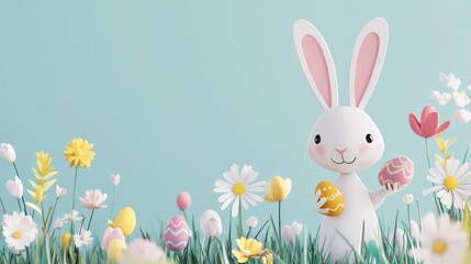 Obraz premium Easter Bunny holding eggs with a meadow of flowers in the spring, greeting card banner with copy space