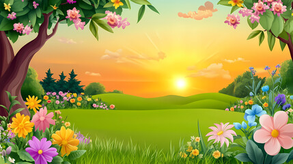Fototapeta premium Colorful flowers and sunset in a serene landscape. Serene Glade. Illustration