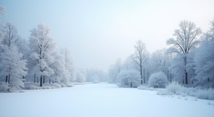 Snowy trees line a frozen river in a snowy landscape