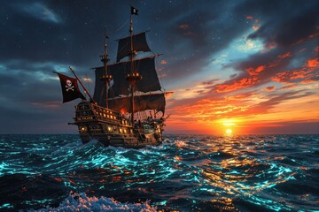 Obraz premium A majestic black pirate galleon sails on a dark ocean under a vibrant sunset sky, the Jolly Roger flag billowing proudly, a breathtaking scene of adventure and maritime history.