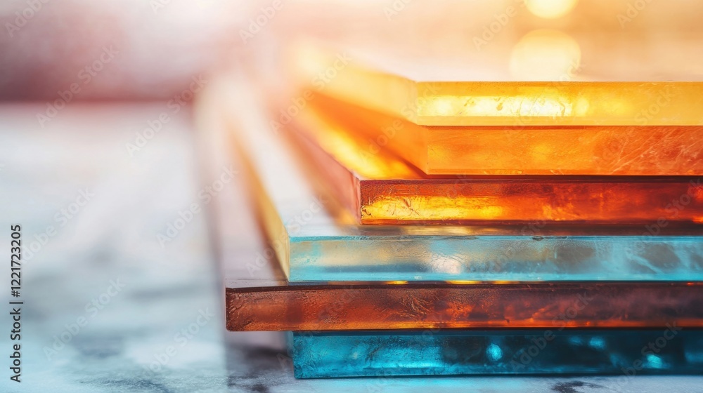Poster stacked acrylic sheets in shades of orange and blue reflect light, creating a vivid display of color