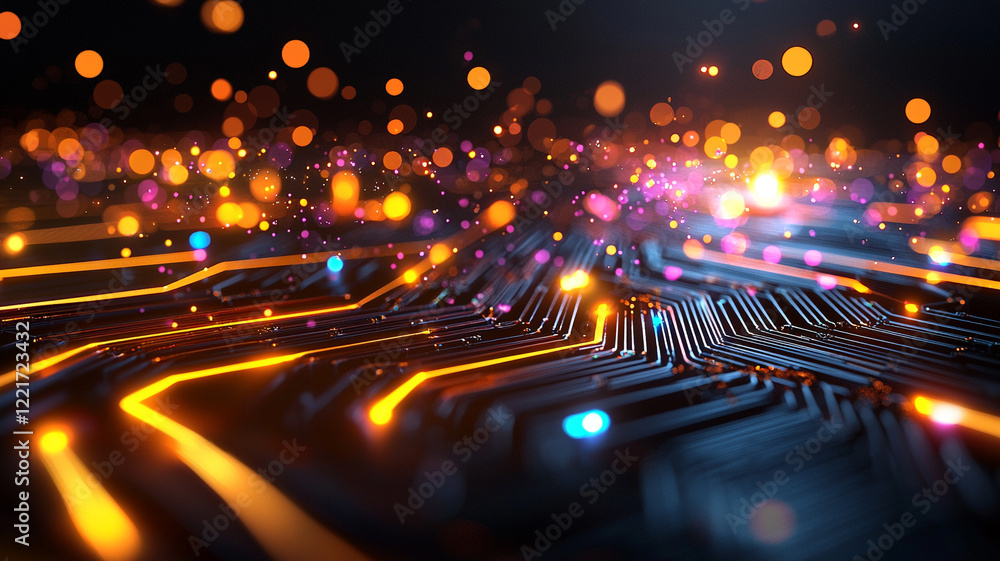 Poster abstract digital art depicting a futuristic circuit board with glowing orange and blue lines, illumi
