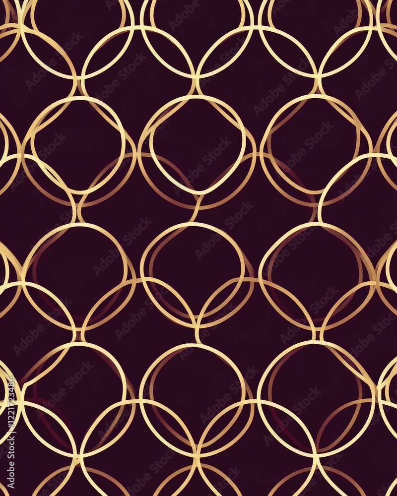 Aufkleber Elegant Golden Circles Abstract Pattern Design: Seamless Interlocking Rings on Maroon Background