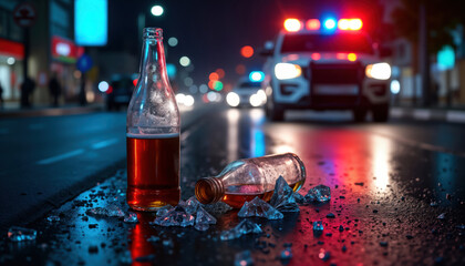 Broken glass bottles of alcohol on city street at night. Police car with flashing lights in background. Suggests potential accident related to drunk driving. Driver may intoxicated, caused traffic