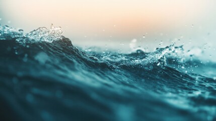 Waves roll gently in deep blue hues, reflecting the soft light of early morning as the water sparkles with droplets in motion