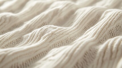 A close-up of a soft, white knitted fabric with a classic cable knit pattern, showcasing the intricate texture and woven loops that create a cozy and inviting look.