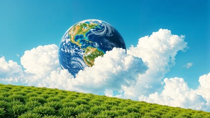 A globe of Earth cradled in fluffy white clouds, floating over a lush green landscape, symbolizing environmental harmony and preservation. The scene evokes peace and hope.