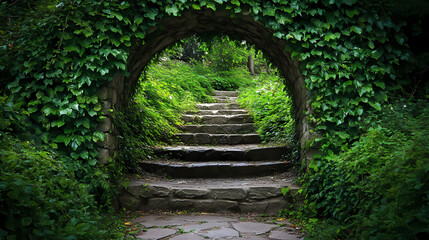 Obraz premium Stone archway leading into verdant forest a lush mystical entrance with ivycovered walls and stone steps the path beckons into the deep green shadows. Serene Glade. Illustration