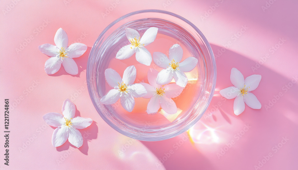 Poster fresh jasmine blossoms floating in clear bowl of water on soft pink background, creating serene and 