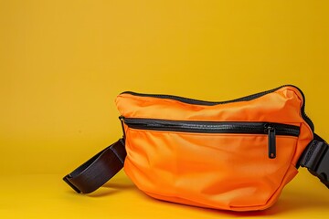 High Detail Picture of an Orange Fanny Pack with a Black Zipper on it