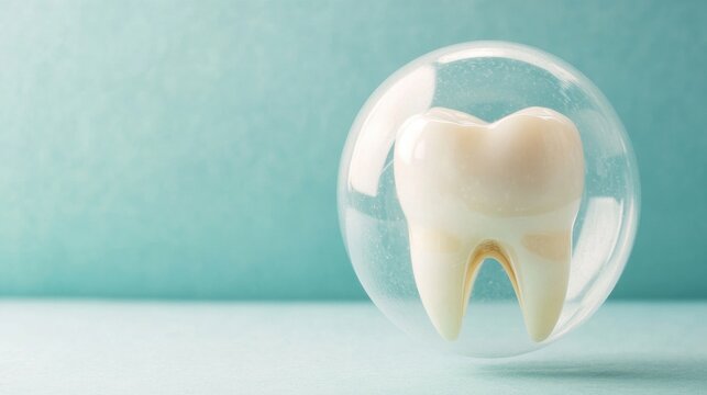 A tooth encapsulated in a clear protective bubble rests gently on a soft blue surface, showcasing its cleanliness and protection