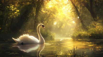 Fototapeta premium Swan in a serene, enchanted glade with magical light style fantasy. Serene Glade. Illustration