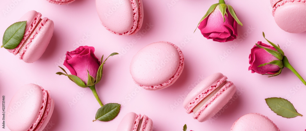 Poster delicate pink macarons and roses arranged on soft pink background create charming and elegant compos