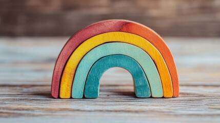 A colorful wooden rainbow toy showcases vibrant bands of color while resting on a weathered wooden surface, illuminated by natural light
