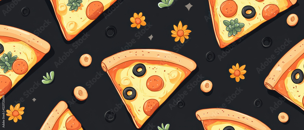 Aufkleber delightful pizza slices with toppings and flowers create vibrant pattern. this fun design features o