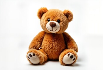 Obraz premium Fluffy brown teddy bear sits on white background. Cute toy bear looks friendly. Soft plush toy perfect gift for kids. Isolated shot for product display. Playful, cuddly design. Adorable for children,