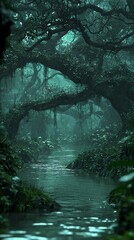 Enchanted Jungle Stream: A Mystical River Winding Through Lush Green Foliage Under Ancient Trees