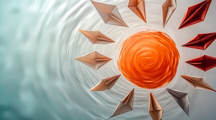 Paper planes circling sun, swirling background, ambition concept, stock photo