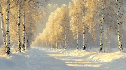 Obraz premium Winter Wonderland: Sunlit Birch Trees Pathway