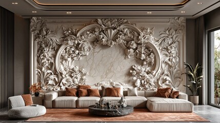 Opulent Living Room with Intricate Floral Wall Sculpture