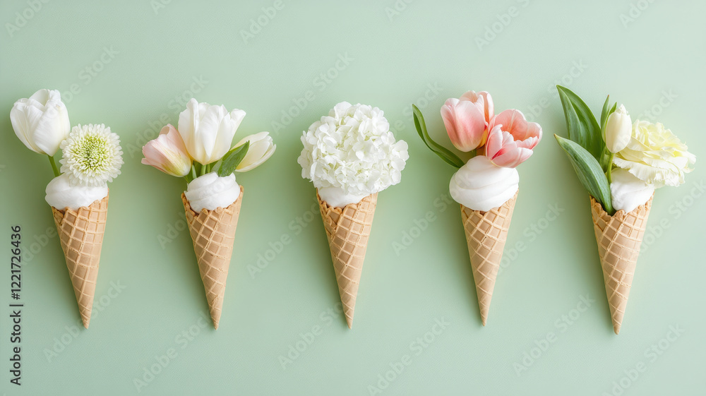 Poster delightful tulips and flowers arranged in ice cream cones, creating whimsical and colorful display a