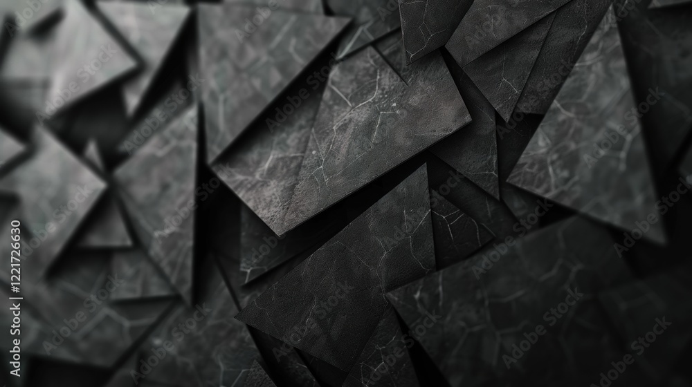 Poster layered black geometric patterns intertwine to create a striking visual composition full of depth an