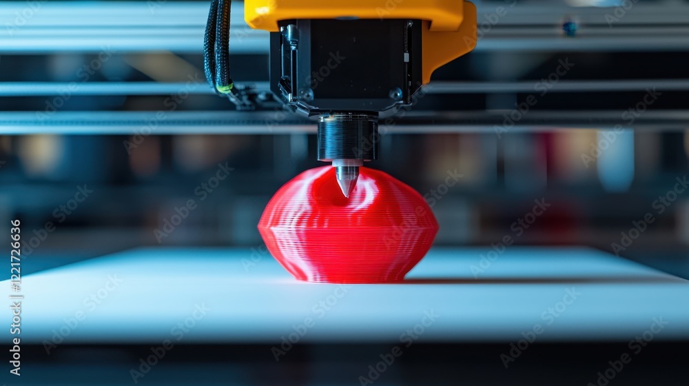 Poster business entrepreneur technology execution concept. a 3d printer creates a vibrant red object, showc
