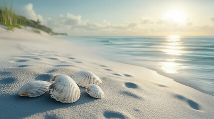 A serene coastal scene with faint footprints etched in white sand, an arrangement of seashells glowing softly in golden sunlight