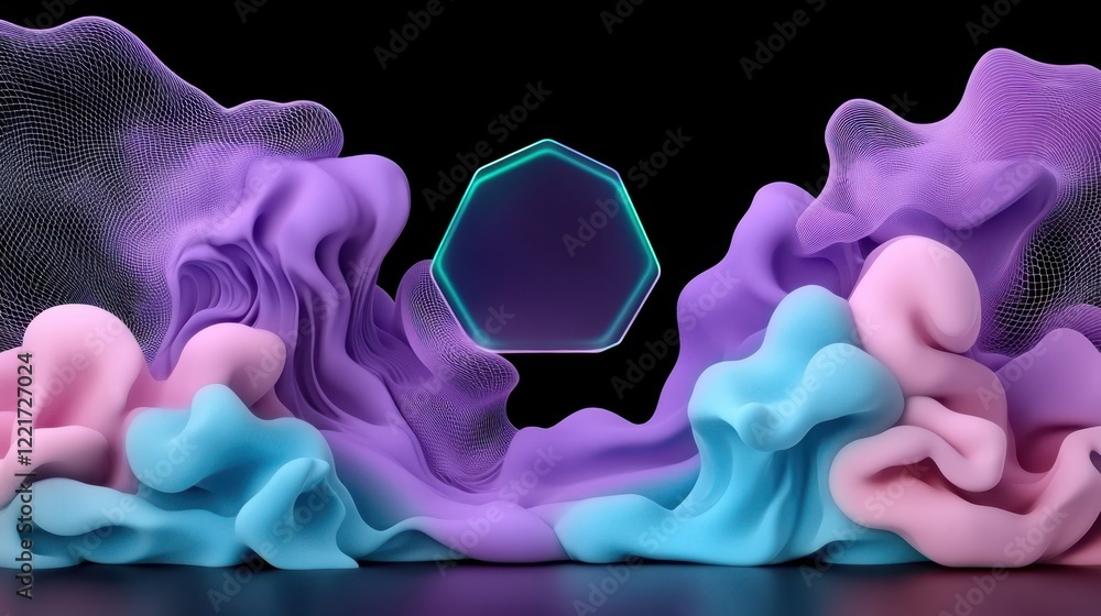 Poster abstract hexagon with flowing pastel waves and mesh textures on black background