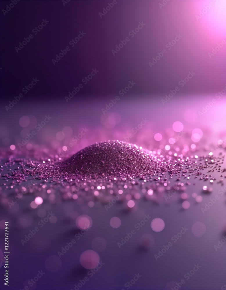 Poster purple glitters pile in monochromatic style. close-up view. shiny texture of glitters. purple backgr
