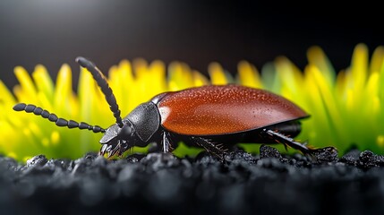 Red beetle on black ground, yellow plants background; nature macro photography