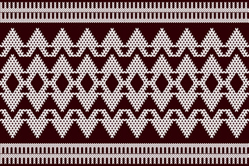 Ikat cross stitch geometric embroidery seamless knitted pattern on damask background. Perfect decorative design for sweater, fabric, decoration, illustration, ornament, texture, textile, interior