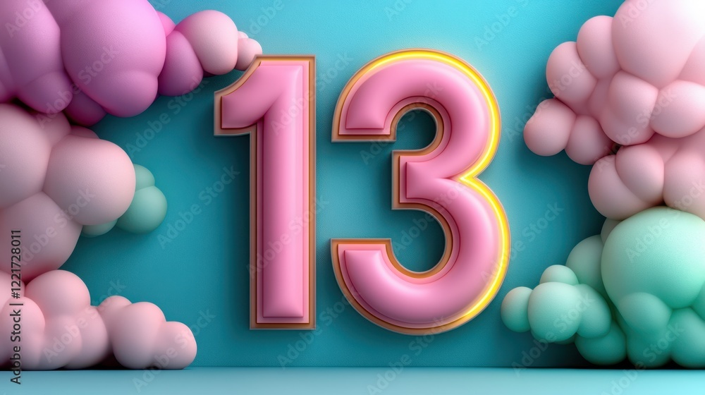 Poster vibrant pink number 13 with colorful cloud background in 3d style