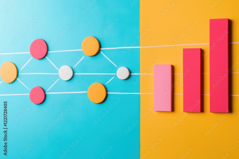 Poster business startup plan resources concept. a vibrant illustration featuring colorful circles and bars,