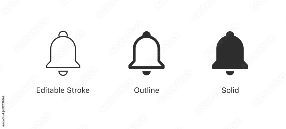 Poster notification bell icon reminder alarm symbol in editable stroke, outline, solid styles for notificat
