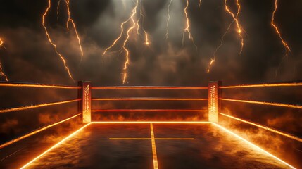 A dramatic boxing ring illuminated by flashes of lightning and fiery effects, symbolizing energy, competition, and intensity in a vivid sports setting