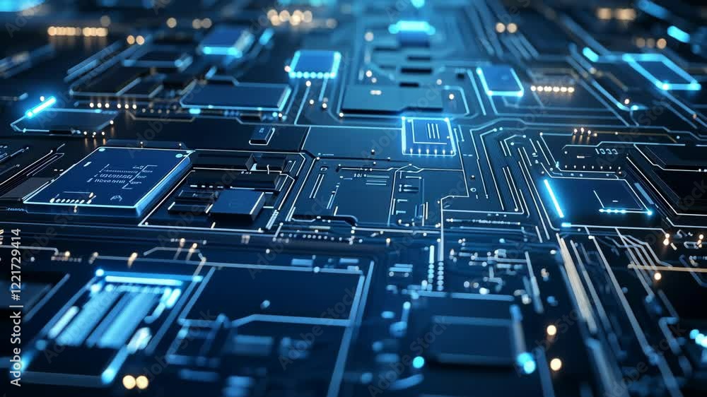 Poster detailed circuit board design with glowing blue components and intricate pathways captured from a cl