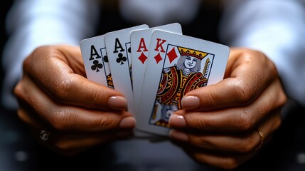 Close-up of Hands Holding a Royal Flush in Poker Game