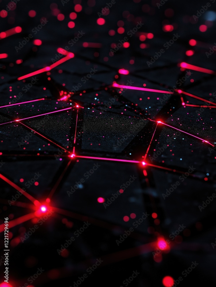 Poster futuristic red neon grid on dark surface with glowing dots