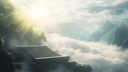 A podium at the edge of a ravine, with fog rising from below and the sun breaking through the clouds