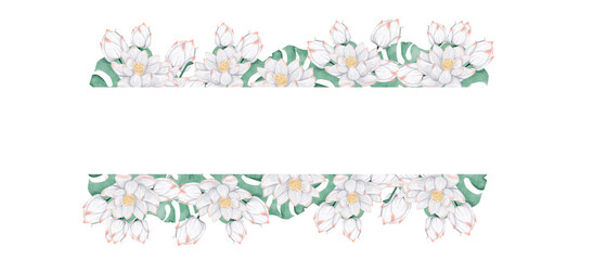 Watercolor Illustration Tropical Frame with Lush Foliage and White Lotuses, Template for Print, Textile and Web