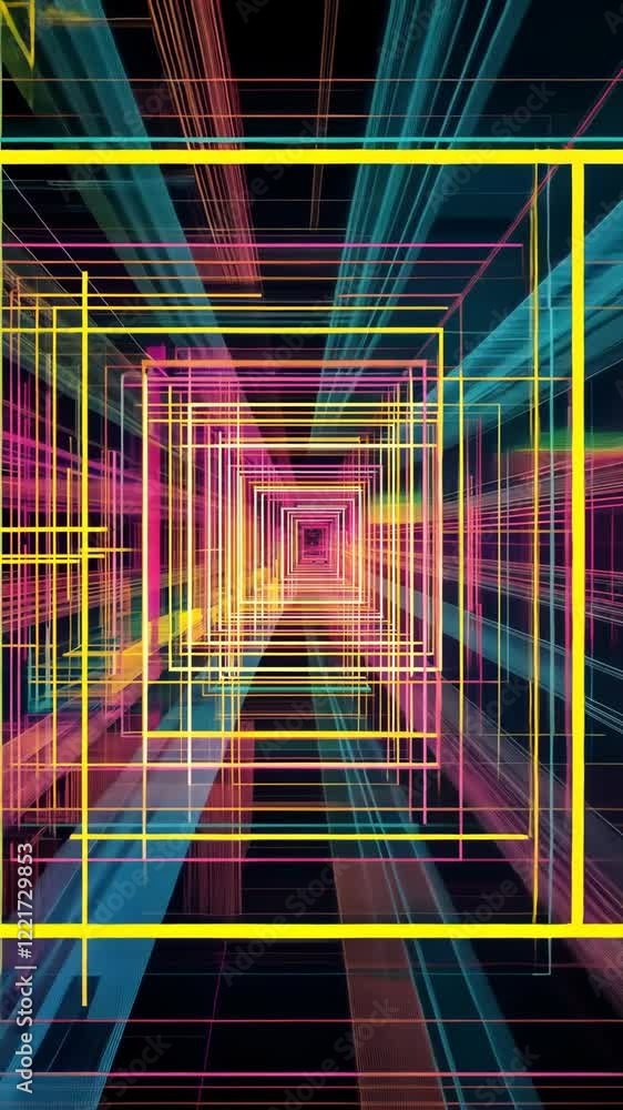 Poster vibrant 3d geometric tunnel with glowing lines creating a futuristic digital atmosphere
