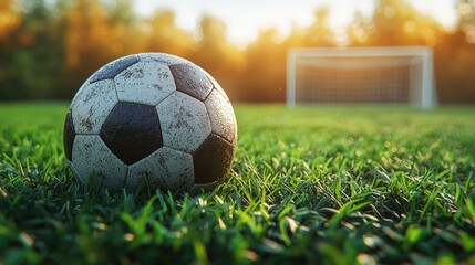 Fototapeta premium Soccer Ball on Lush Green Field at Sunset