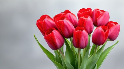 Fototapeta premium Vibrant red tulips in bloom with lush green leaves against a soft gray background