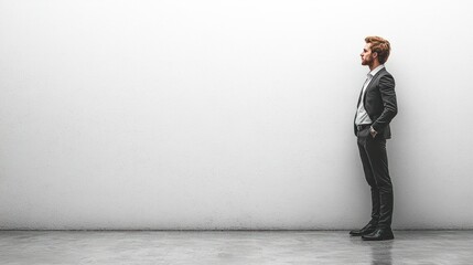 Obraz premium Businessman in profile against a plain white wall. A minimalist portrait showing a man in a suit, conveying contemplation, success, or ambition.