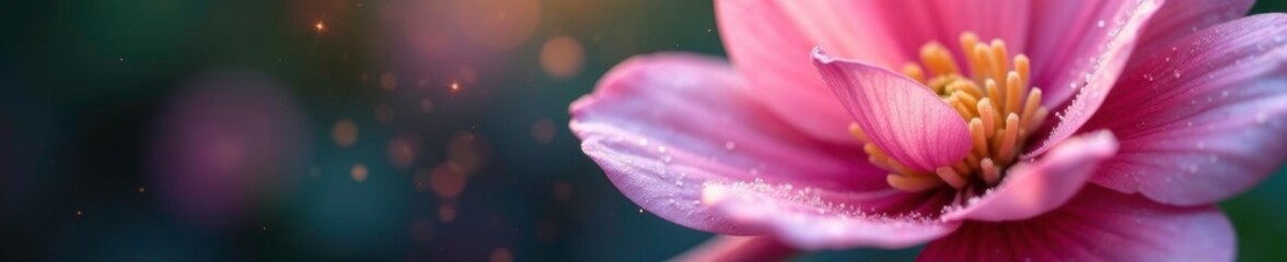 Iridescent glitter dust settles on a delicate flower petal, foliage, pink