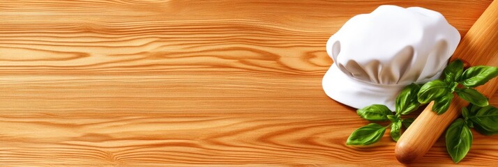 Chef hat and rolling pin on wooden table with fresh basil leaves