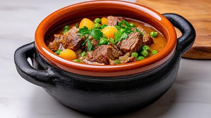 Hearty beef stew with green peas and cherry tomatoes in a rustic ceramic pot