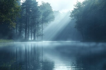 Serene Morning Mist Over Tranquil Lake